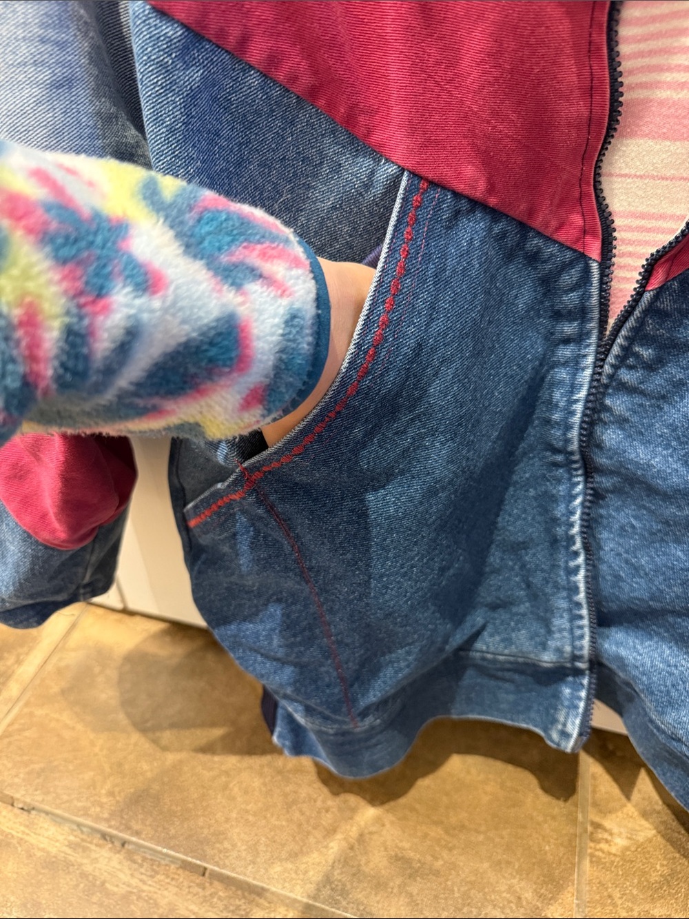 Ladies' Oversized Colorblock Denim Jacket with Pink Accents - Picture 3 of 8